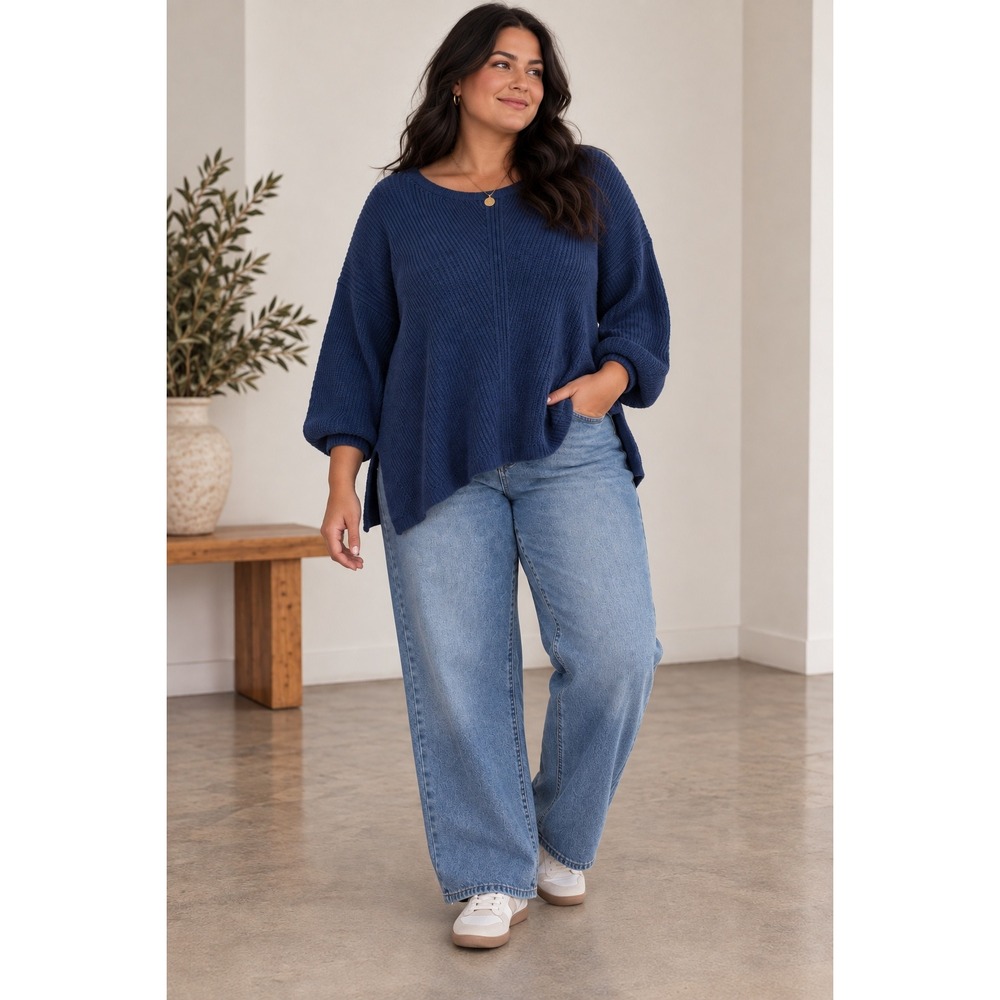 Poetry Sweater Navy Blue Cotton Silk Cashmere Ribbed Knit Minimalist Size 16